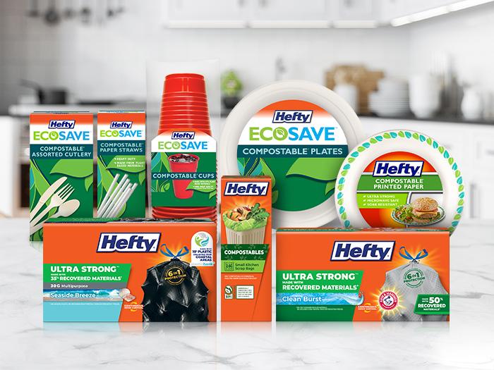 Several Hefty products in the sustainability category including ECOSAVE plates, cutlery, and straws, Compostable plates, Recovered materials trash bags and Compostables trash bags