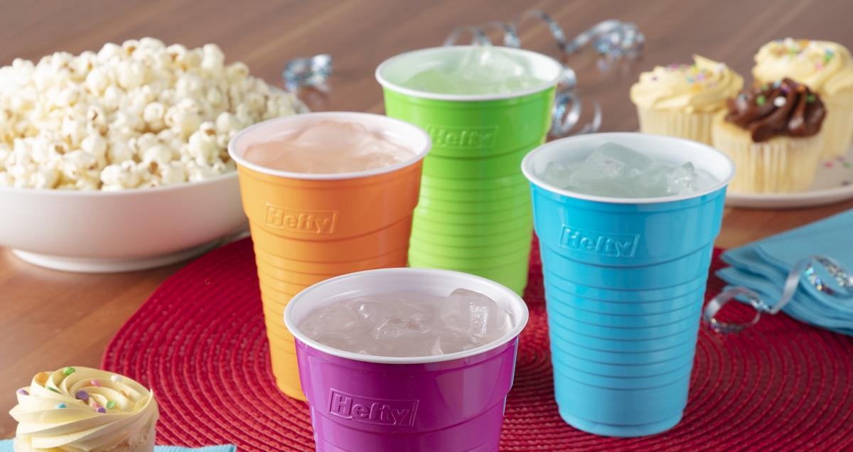 Hefty Party On Colored Cups on Table with Popcorn and Cupcakes