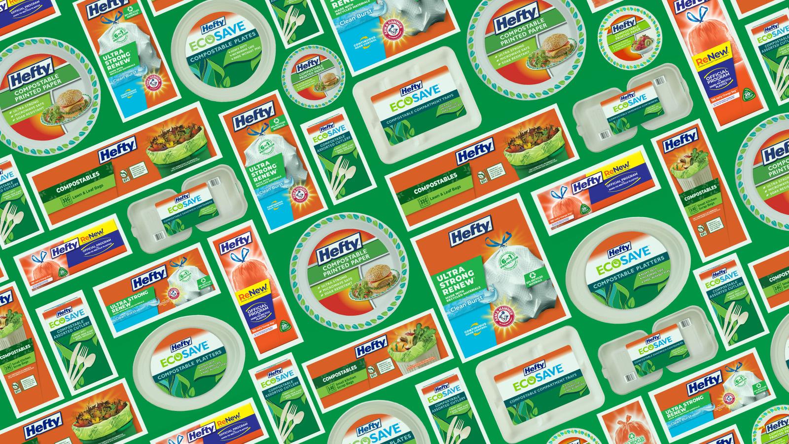 A layout of different Hefty products in the sustainability category, such as ECOSAVE plates, Compostables trash bags, and compostable printed paper plates