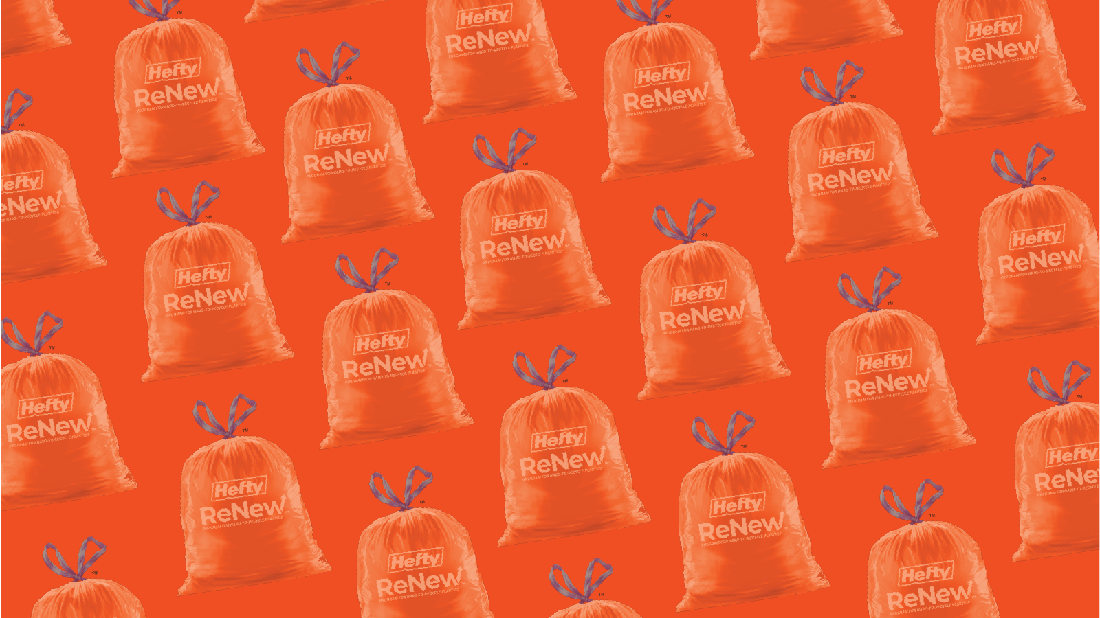 A repeating pattern of Hefty ReNew orange bags on an orange background