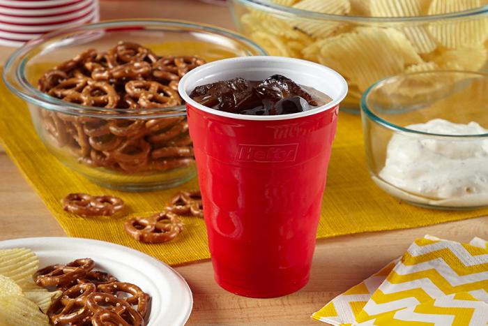 Red Party Cups on a table with pretzels