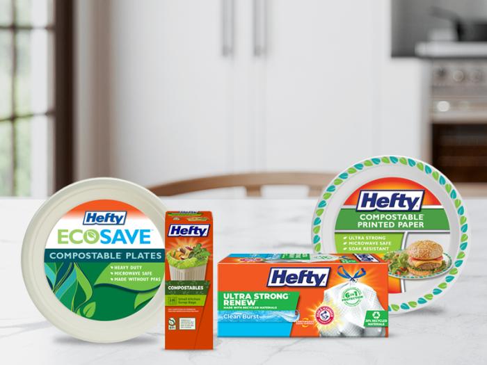 Several Hefty products in the sustainability category including ECOSAVE plates, Compostable plates, Renew trash bags and Compostables trash bags