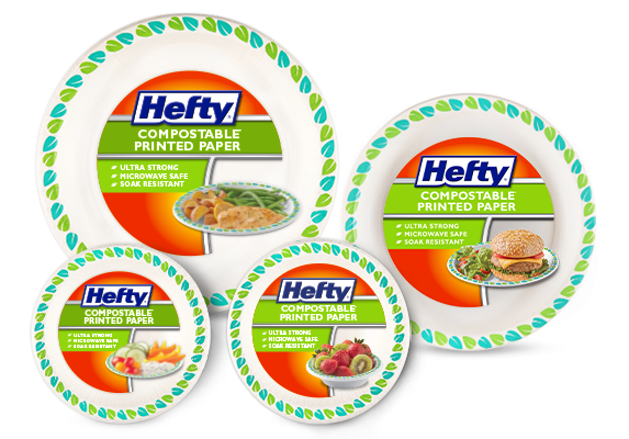 A collection of Hefty Compostable Printed Paper Plates and Bowls packaging
