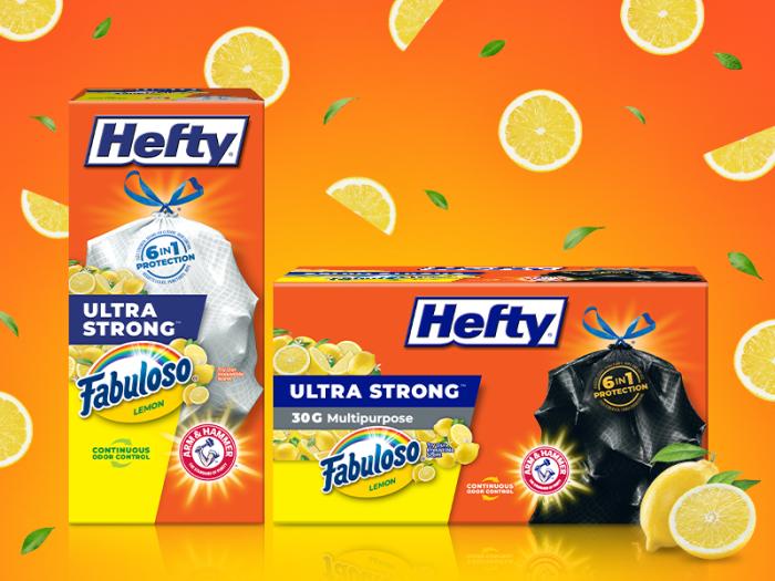 Hefty Ultra Strong trash bag packages with Fabuloso Lemon scent