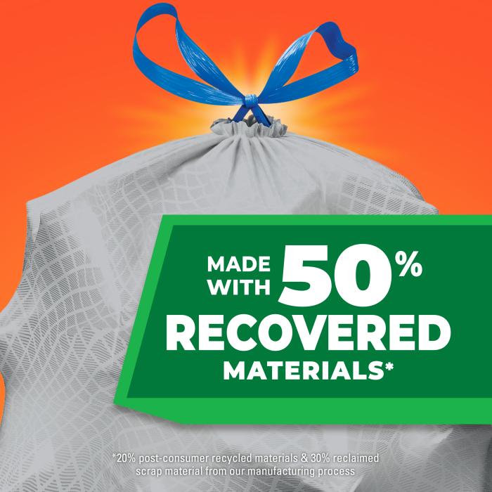 Image of gray Hefty Ultra Recovered Materials trash bag with made with 50% recovered materials claim overlaid