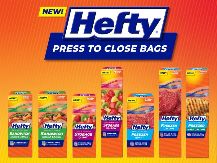 Hefty press to close boxes in a line on an orange gradient background