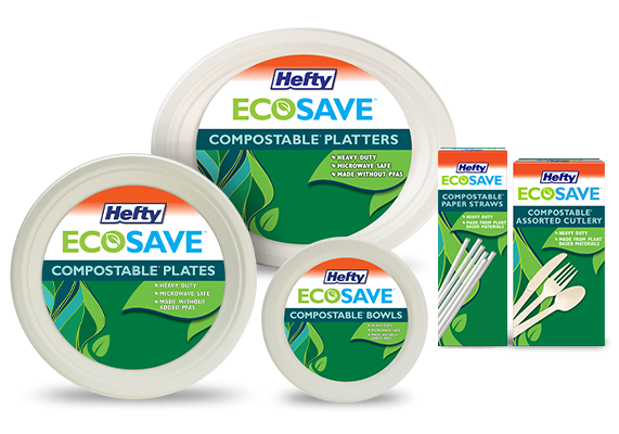 Group of Hefty ECOSAVE products including platters, plates, bowls, cutlery and straws
