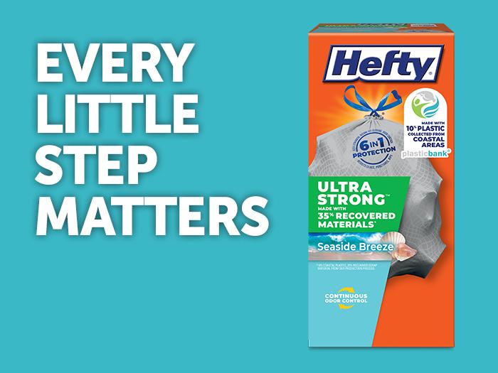 Hefty Ultra Strong with Recovered Materials Including Coastal Plastic package against a teal background