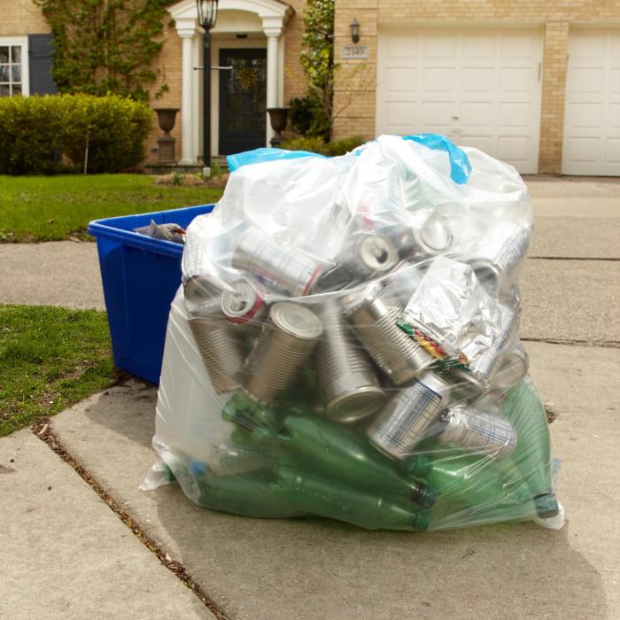 Clear bag set at the curb with a recycling bin.