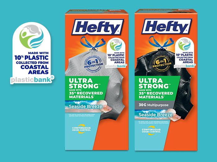 Hefty Ultra Strong Recovered Materials Coastal Packaging on Teal Background