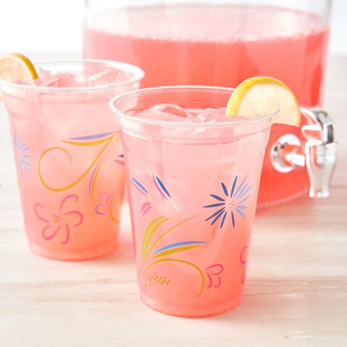 Hefty Party Perfect Flower Printed Cup filled with pink lemonade
