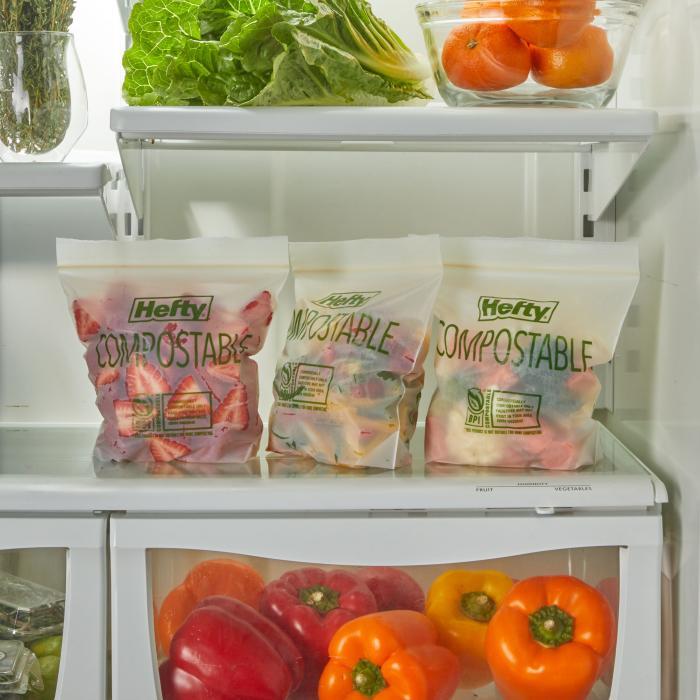Three Hefty Compostable Press to Close Storage Bags sitting in the refrigerator
