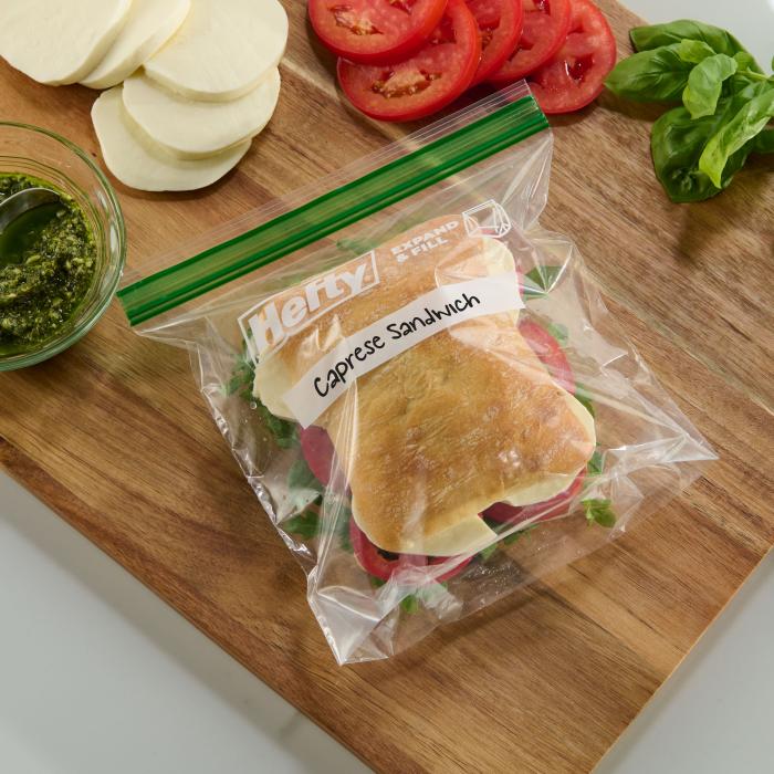 Caprese sandwich in a Hefty press to close sandwich bag