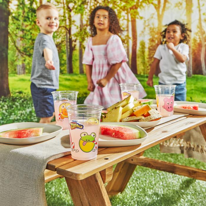 Outdoor picnic table topped with Zoo Pals cups and snacks with children playing in the background