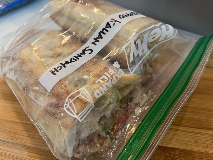 Toasted chopped italian sub sandwich in a Hefty XL Sandwich bag
