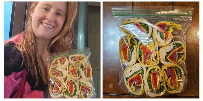 A woman holding up a Hefty press to close bag filled with rainbow pinwheel rolls