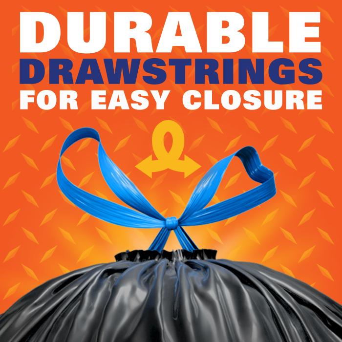 Black trash bag with tied blue drawstrings 