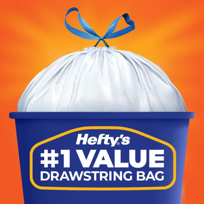 Blue trash can with a white trash bag 