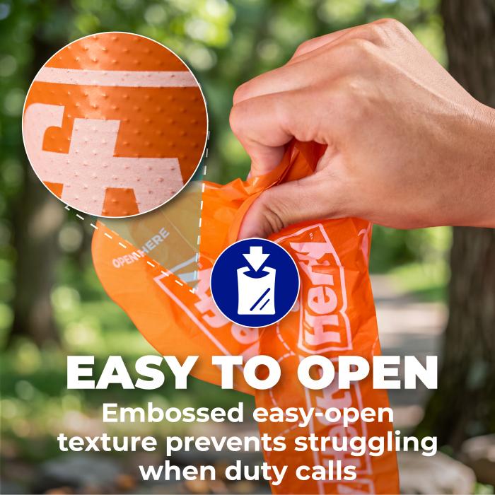 Hefty easy to open poop bags prevent struggling when duty calls