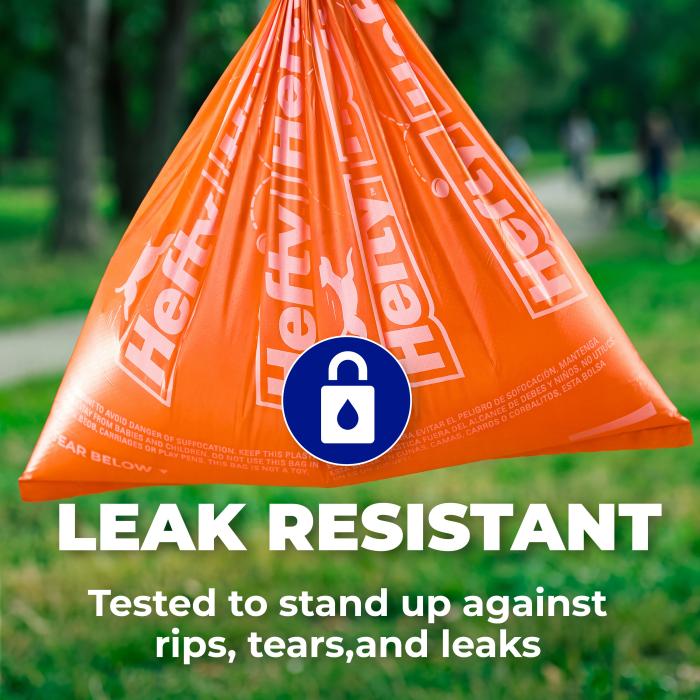 Hefty leak resistant poop bag stands up against rips, tears, and leaks