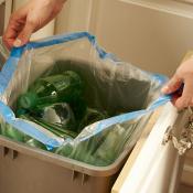 Clear, Blue, or Green It doesn't matter. Plastic bags NEVER, ever, ever  GO inside or should hold items in your RECYCLING BIN. A sturdy…